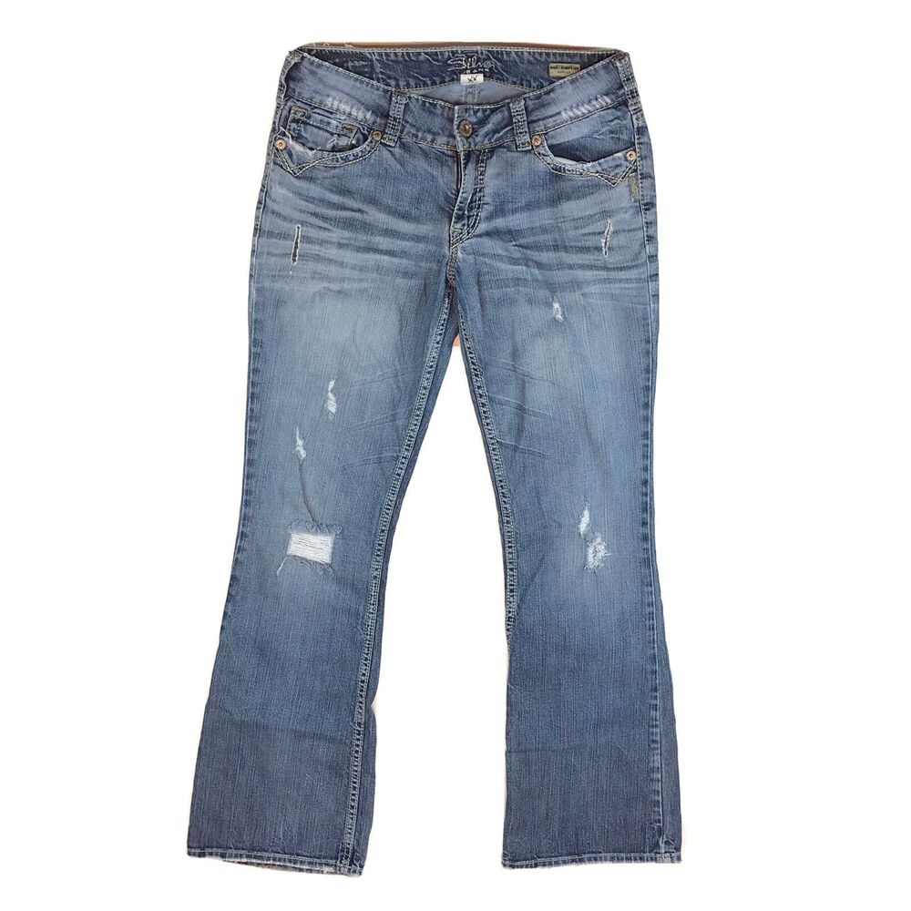 Silver Jeans Suki Surplus Bootcut Denim Flap Pocket Destroyed 26 x 32 OOO6